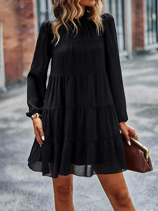 A-line Bishop Sleeve Elasticity Pleated Color Split-joint Tied Mock Neck Mini Dresses