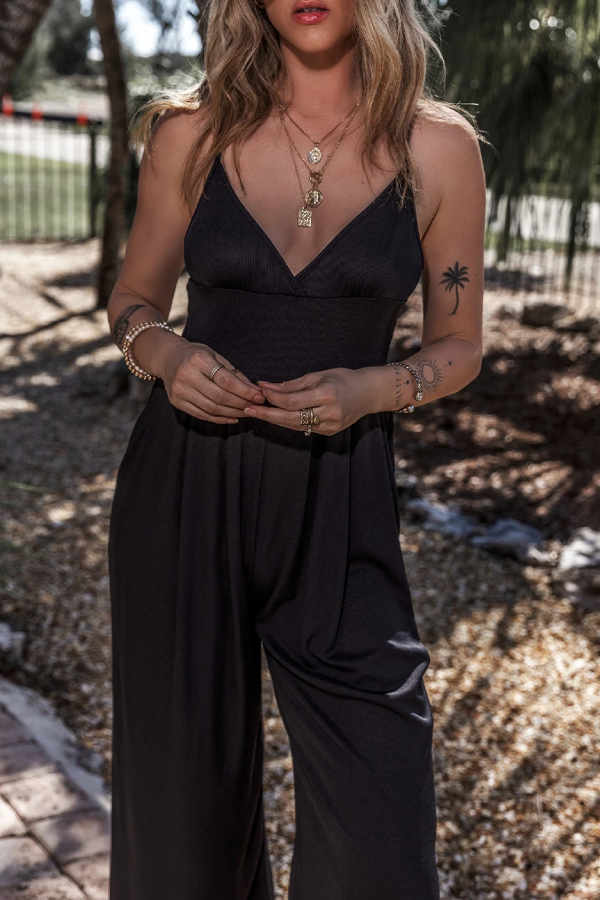 Black Cami V Neck High Waist Wide Leg Jumpsuit