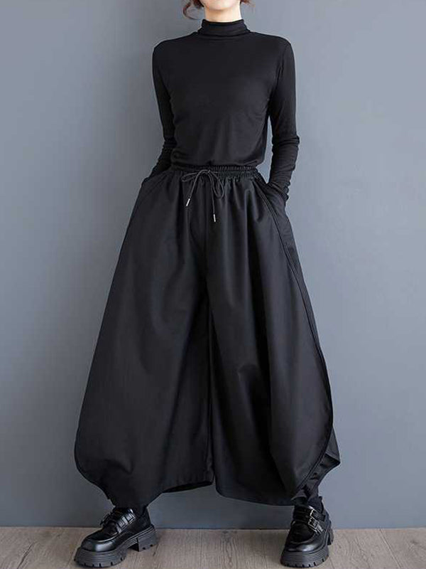 Black Drawstring Elasticity High Waisted Pockets Culotte Pants Tw025