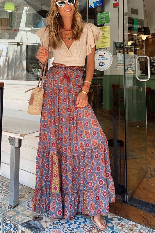 Audrina Print Elastic Waist Tassel Maxi Skirt