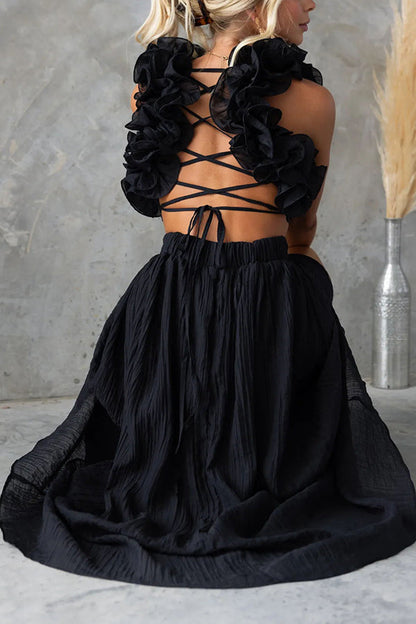 Luxe Lady Ruffle Detail Back Lace-up Elastic Waist Maxi Dress
