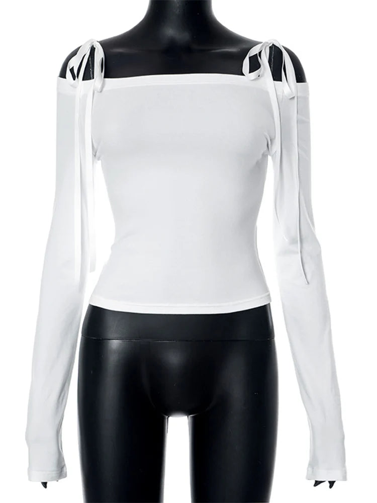 Bow Off Shoulder Skinny Tops for Autumn Winter Y2k Long Sleeve T-shirts Basic