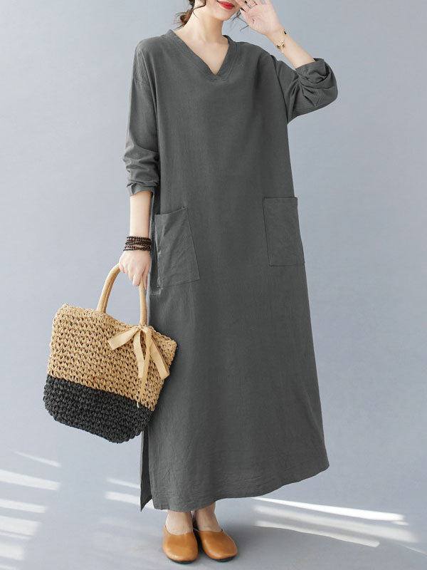 A-line Long Sleeves Pockets Color Split-side V-neck Maxi Dresses