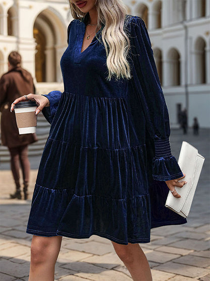 A-line Long Sleeves Pleated Color Velvet V-neck Mini Dresses