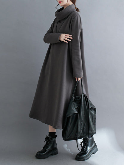 A-line Long Sleeves Asymmetric Color Zipper High Neck Midi Dresses