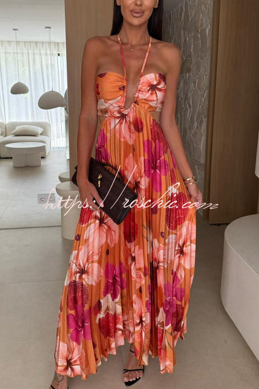 Casey Satin Print Cutout Halter Back Tie-up Pleated Maxi Dress