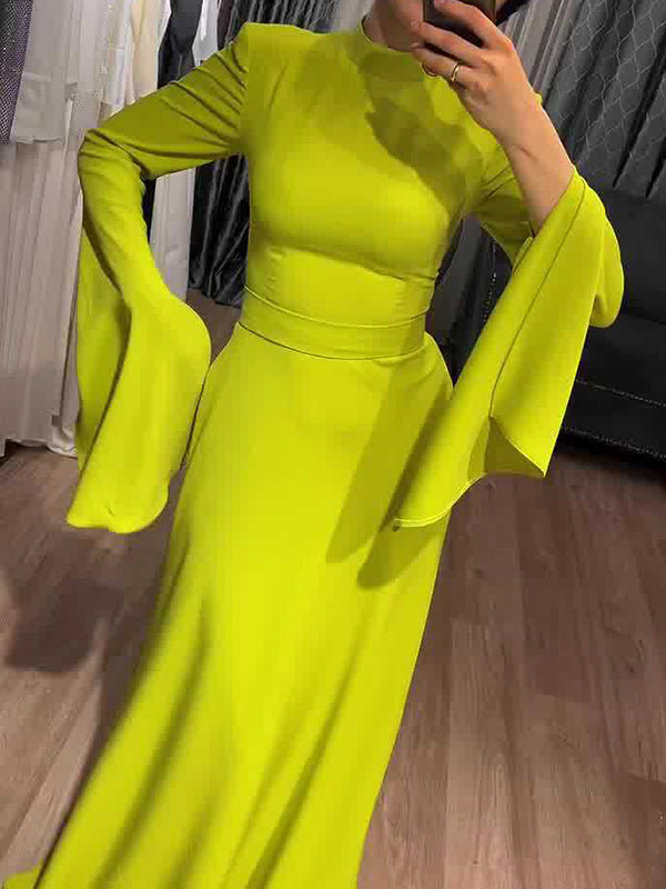Ruffle Sleeves Skinny Belted Color Round-neck Maxi Dresses