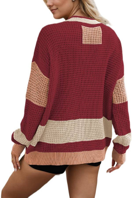 Knitted Jacket V-neck Pocket Colorblock Cardigan Sweater