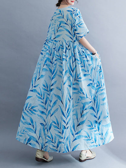 Loose Short Sleeves Leaf Pleated Printed Split-joint Round-neck Midi Dresses