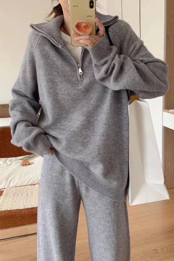Lapel Sweater and Wide-leg Pants Two-piece Suit