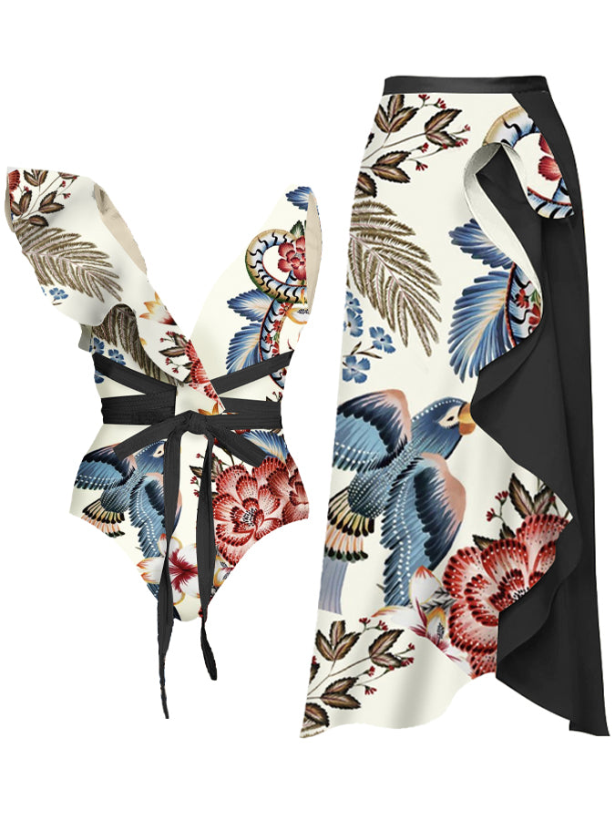 V Neck Ruffle Print Swimsuit and Skirt