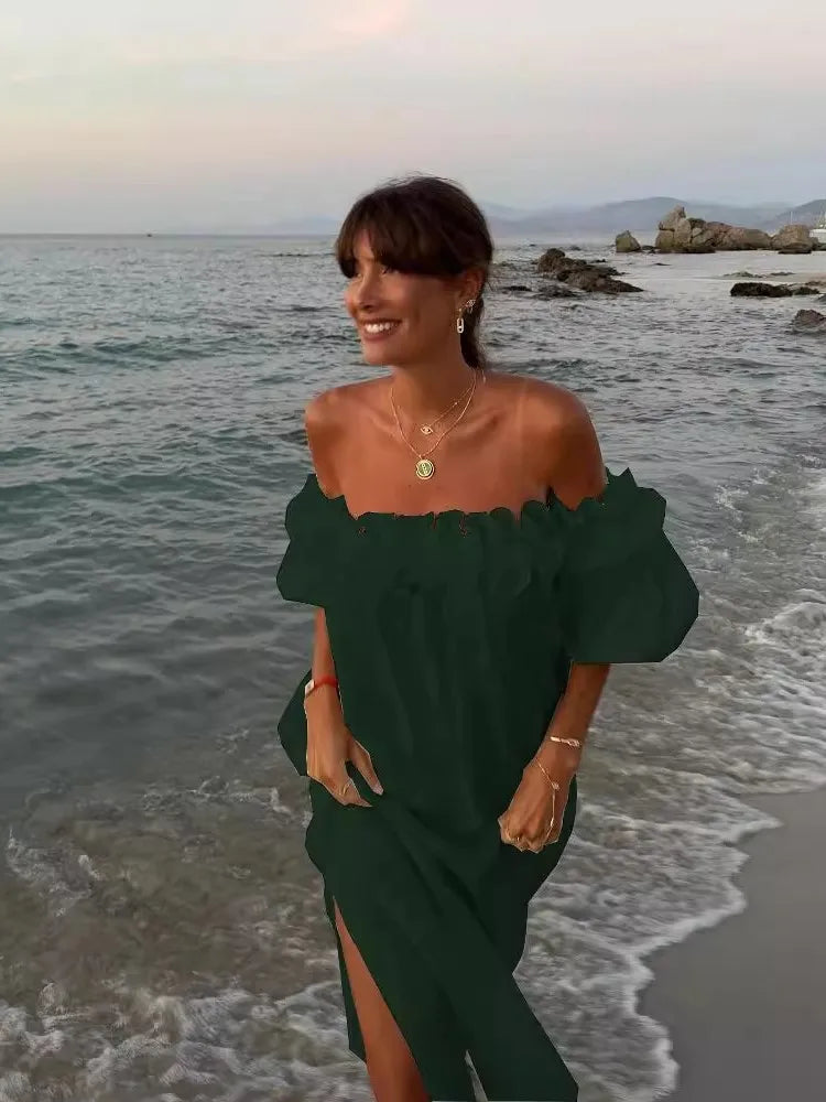 Summer Color Slit Long Dresses Off Shoulder Backless Loose Beach Vacation Dress Vestidos