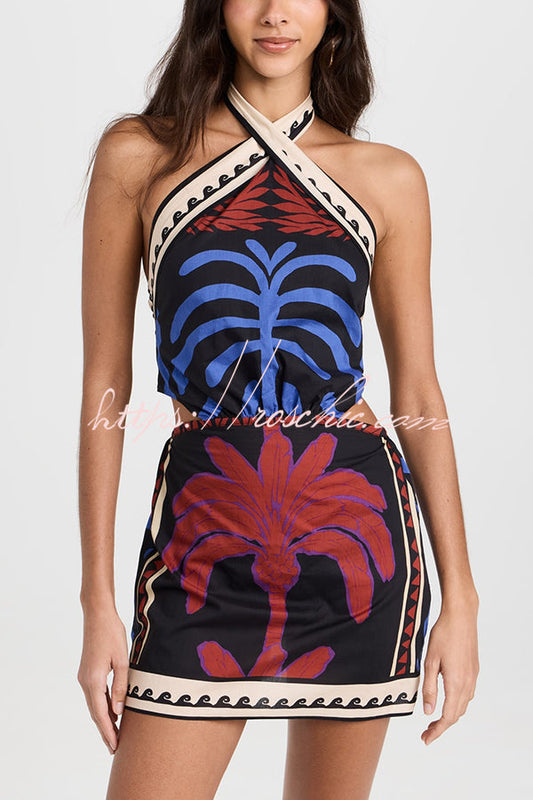 Unique Printed Halterneck Resort Beach Mini Dress