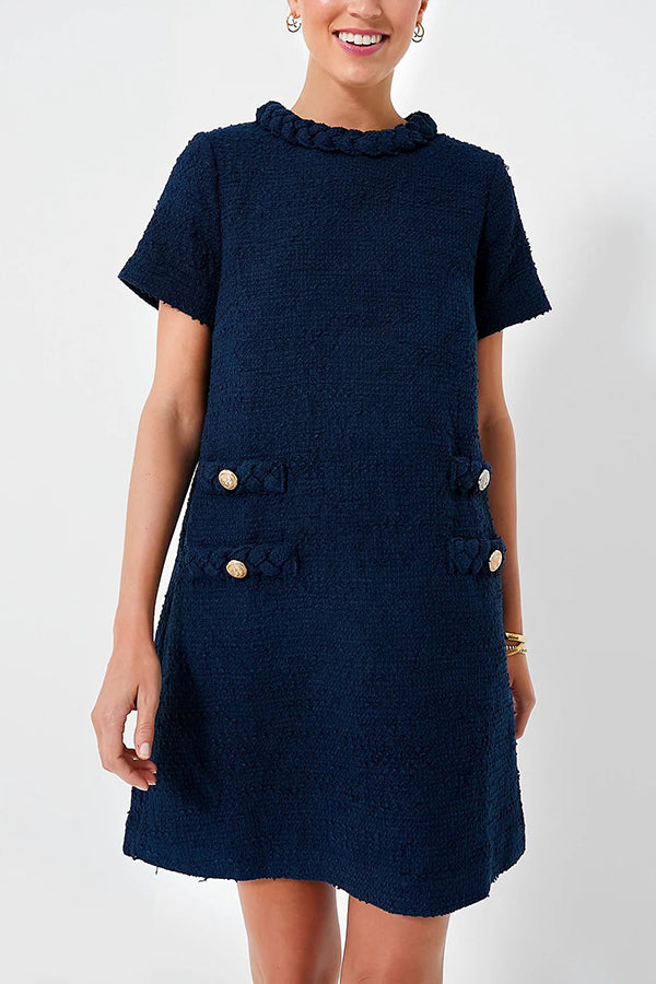 Confident and Tweed Fabric Braided Trim Button Shift Mini Dress