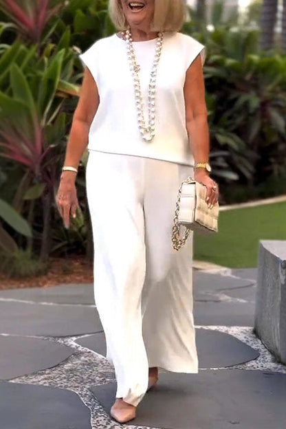 Color Crew Neck Sleeveless Top and Pocket Straight Leg Pants Set