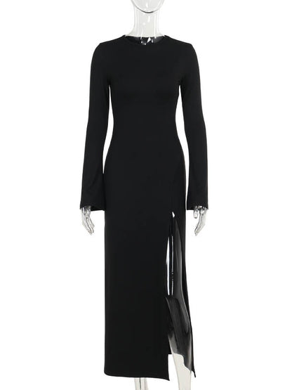Long Sleeves Loose Asymmetric Color Split-joint Split-side Round-neck Maxi Dresses