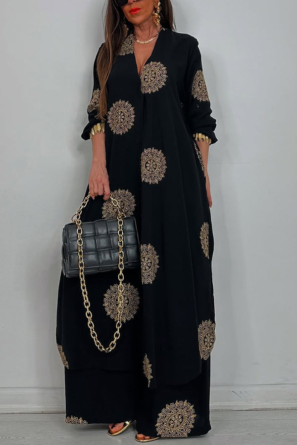 Unique Printed V-neck Long Sleeve Long Shirt and Elastic Waist Pocket Wide Leg Pants Set