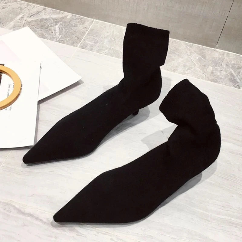Autumn Winter Cozy Low Thin Heels Knitting Stretch Fabric Ankle Sock Boots Pointed Toe Shoes Botas Mujer