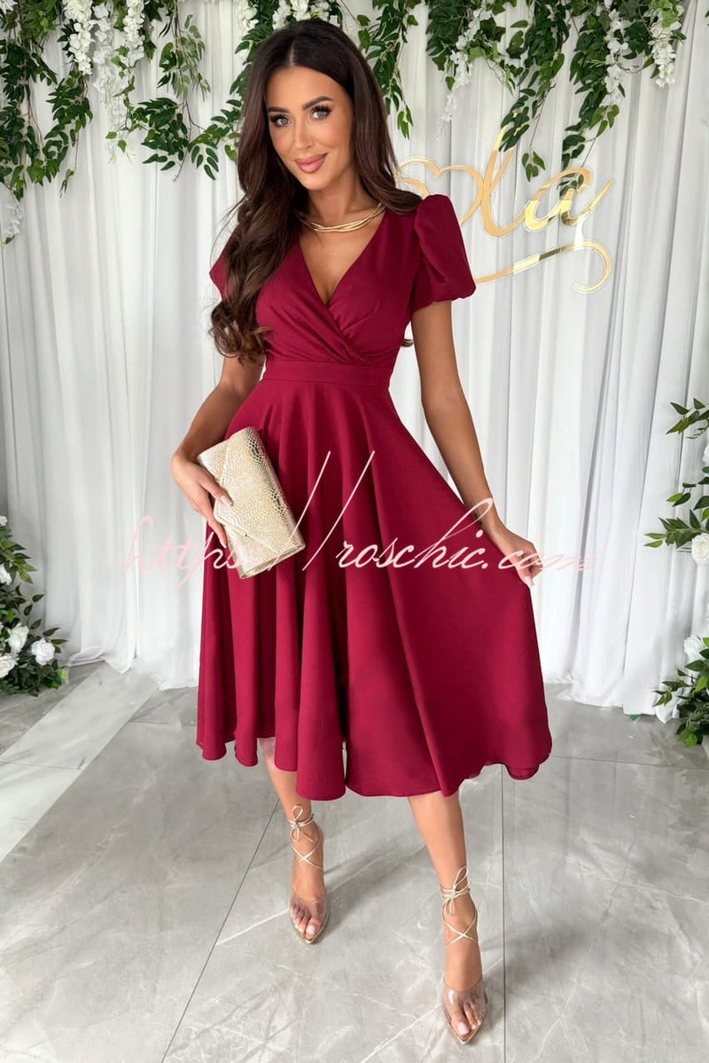 Zayla Color Puff Sleeve V-neck Waist Slim Fit Midi Dress