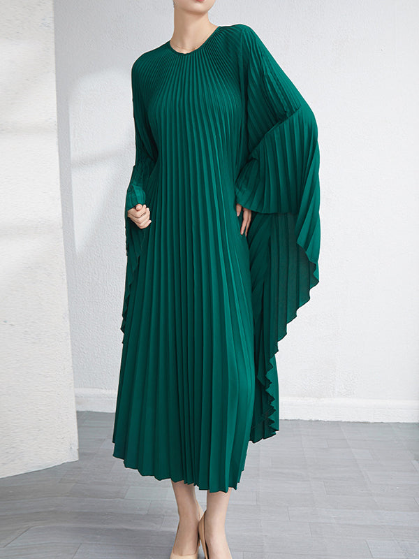 Batwing Sleeves Loose Pleated Color Maxi Dresses