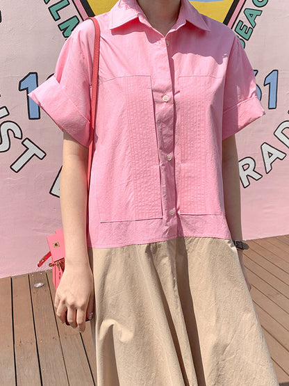 Split-joint Lapel Buttoned Short Sleeves Midi Dress