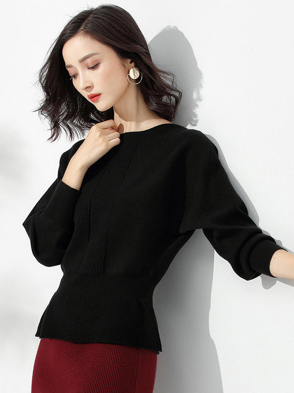 Red Boat Neck Tunic Ruffled Hem Long Sleeve Sweater An1040