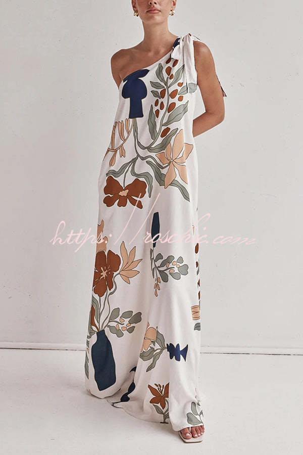 Matches the Vacation Unique Print One Shoulder Tie-up Pocketed Loose Maxi Dress