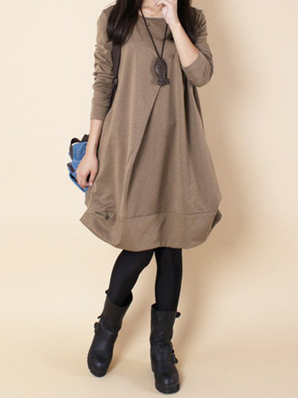 A-line Long Sleeves Pleated Color Round-neck Dresses Maxi Dresses