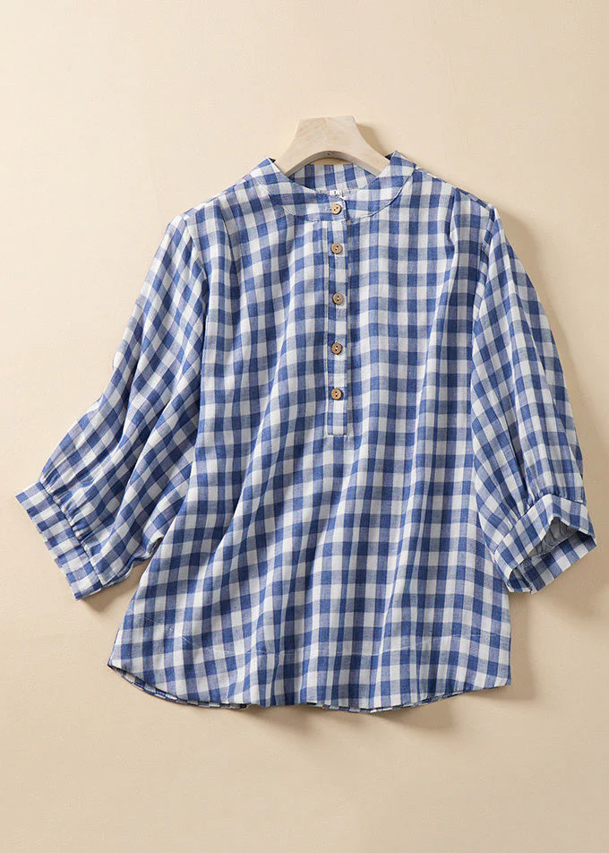 Grace Blue Plaid Stand Collar Cotton Blouses Bracelet Sleeve Qr023