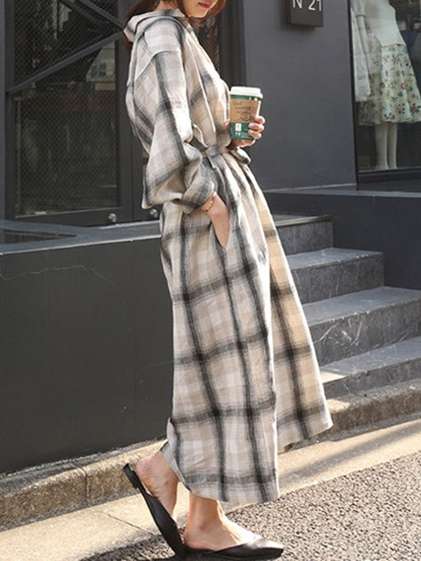 Long Sleeves Loose Plaid Split-joint Tied Waist Lapel Maxi Dresses Shirt Dress