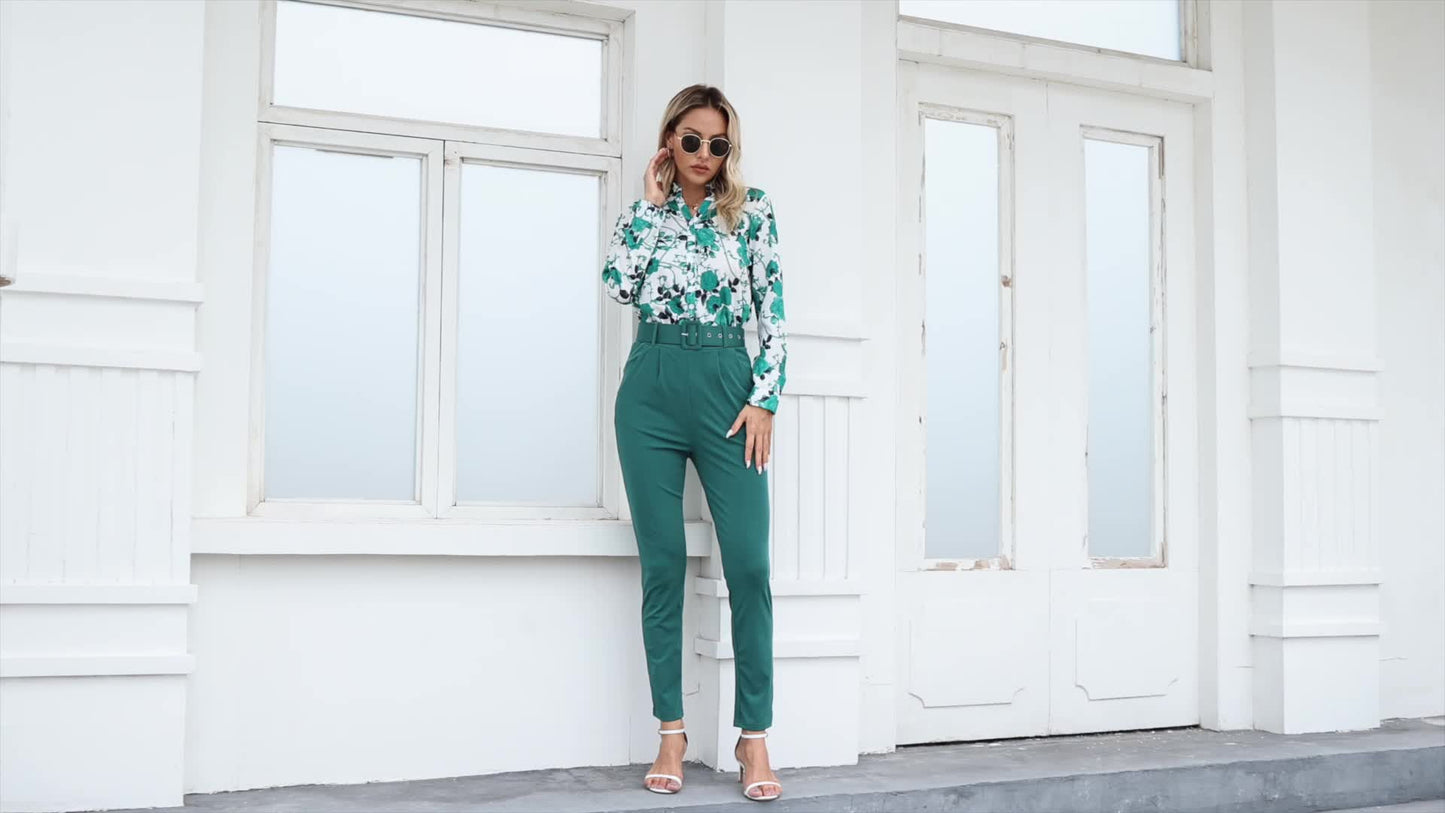 Print V Neck Long Sleeve Blouse & Belted Tapered Pants Td0870