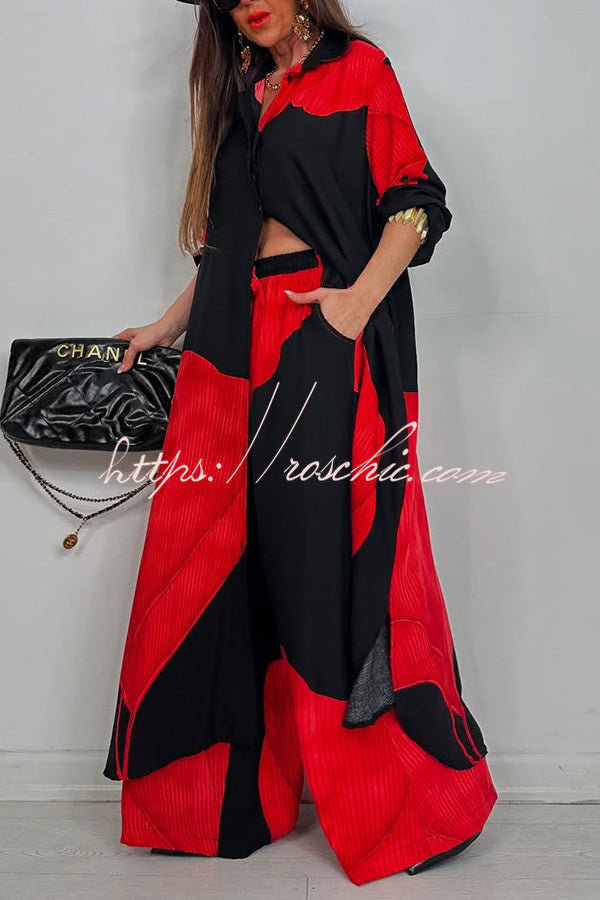 Unique Printed Loose Long Shirt and Elastic Waist Pocket Wide Leg Pants Set