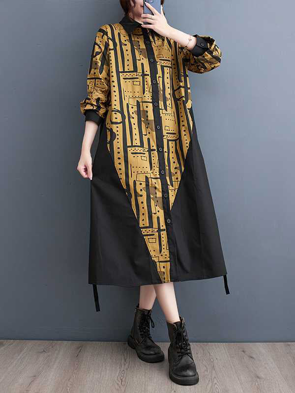 A-line Long Sleeves Asymmetric Contrast Color Printed Warp Knitting Lapel Midi Dresses Shirt Dress