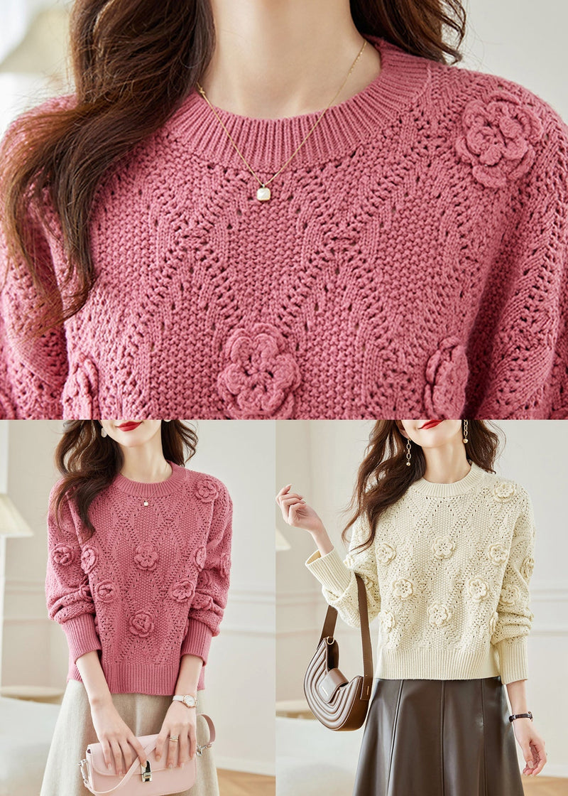 Pink Hollow Out Knit Sweaters Fall Qc033