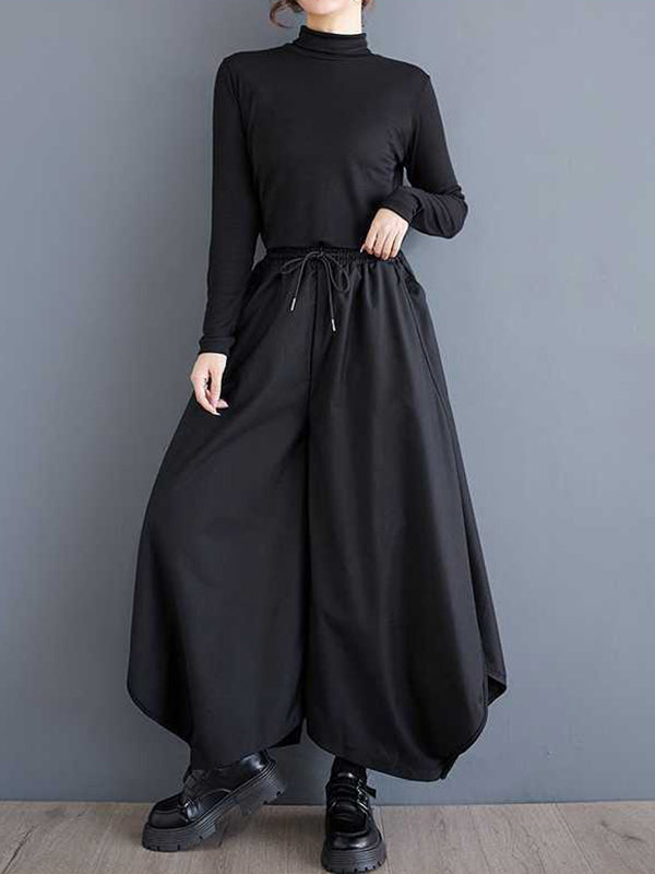 Black Drawstring Elasticity High Waisted Pockets Culotte Pants Tw025
