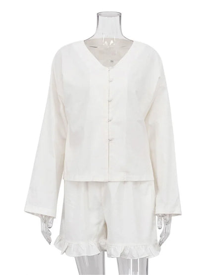Ruffled Outfits for High Waist Long Sleeve Shorts Two Piece Knee Length Baggy Female Nightwear Outfits