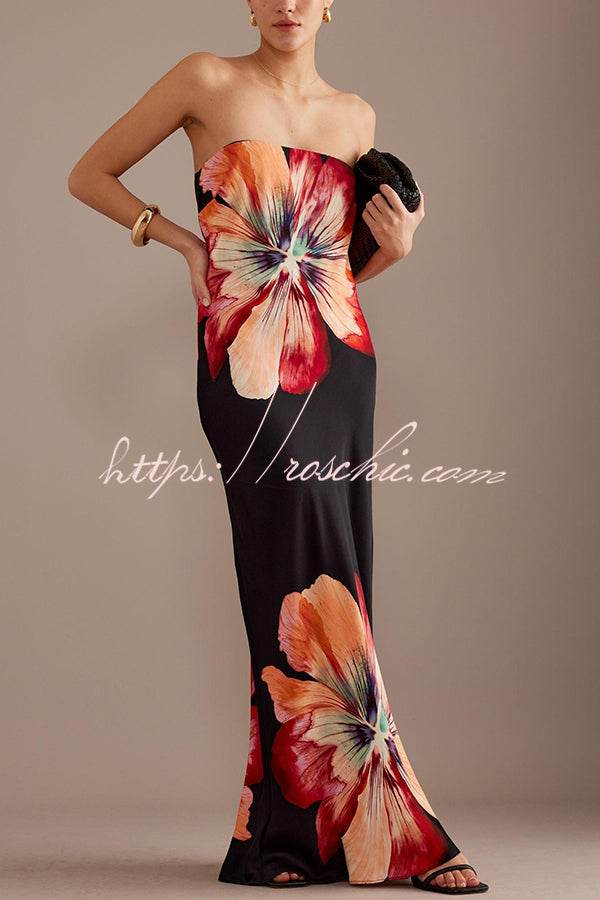 Charming Lady Satin Print Bandeau Loose Maxi Dress