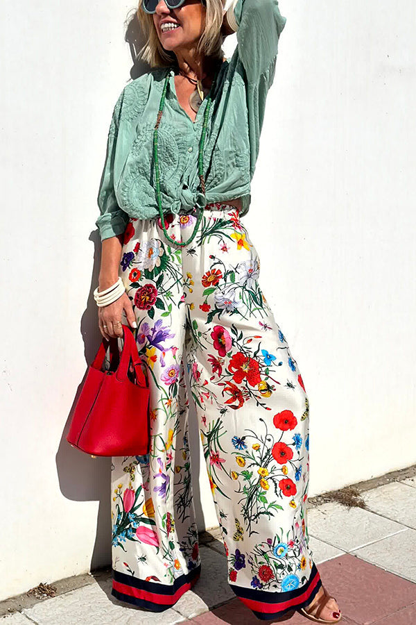 Fabulous Fiesta Satin Unique Print Elastic Waist Pocketed Wide Leg Pants