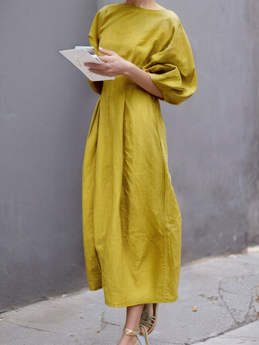 Half Sleeves Loose Color Round-neck Maxi Dresses Midi Dresses