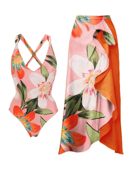 Print One Piece Swimsuit and Skirt