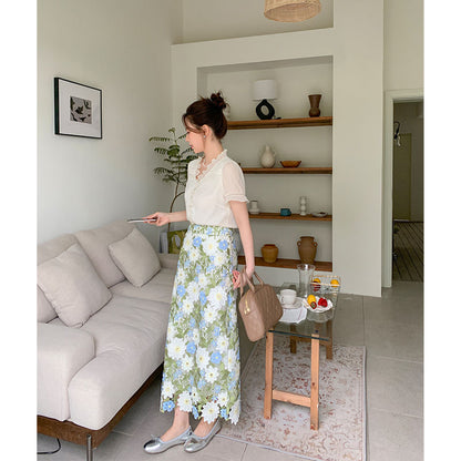 Green Embroidery Straight Skirt