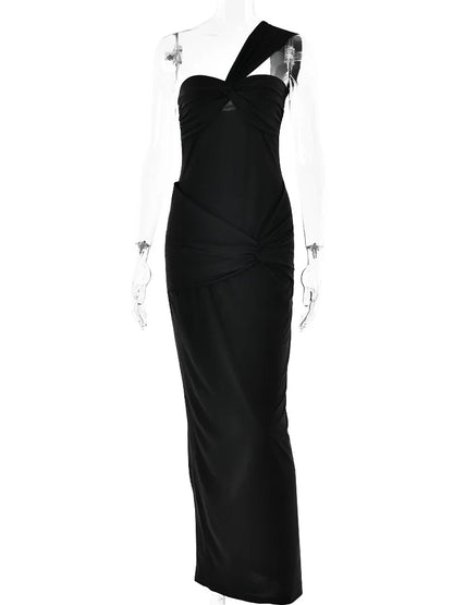 Sleeveless Single Shoulder Strap Zipper Evening Dress Pleated Slim Maxi Dress Female Party Club Vestidos