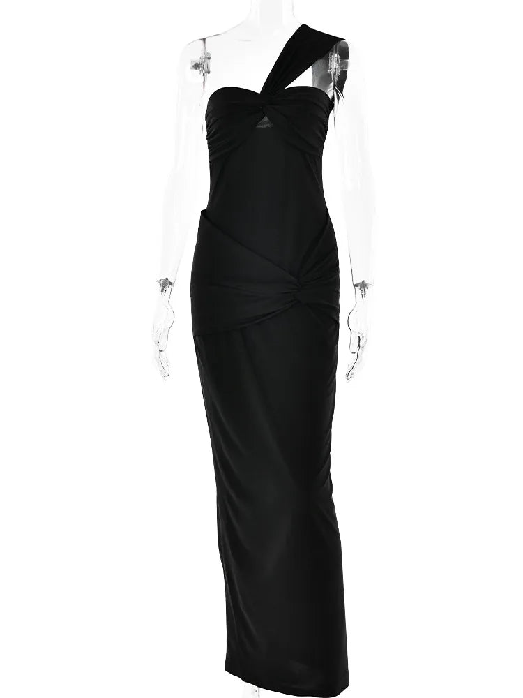 Sleeveless Single Shoulder Strap Zipper Evening Dress Pleated Slim Maxi Dress Female Party Club Vestidos
