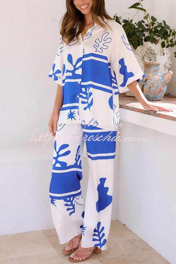 The Beach Unique Color Block Print Button Up Shirt and Elastic Waist Pants Set