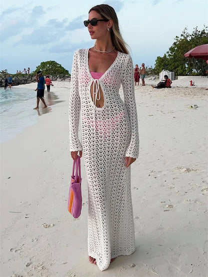 Knit Hollow Out Maxi Dress Female Summer Lace-up See-through Loose Holiday Beach Dress ’s Knitwear White Long Dress