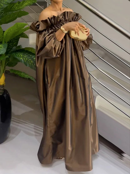 Loose Puff Sleeves Falbala Pleated Color Off-the-shoulder Maxi Dresses