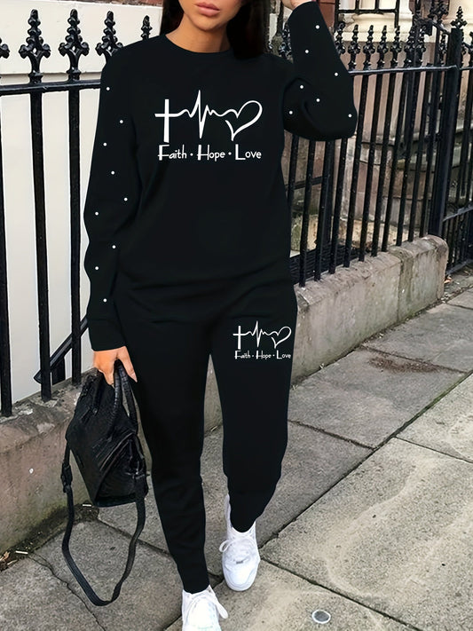Graphic & Letter Print Two-piece Set He5014