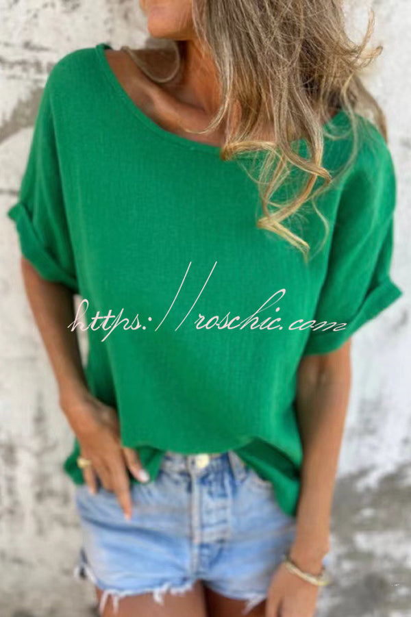 Linen Blend Crew Neck Short Sleeve Loose T-shirt