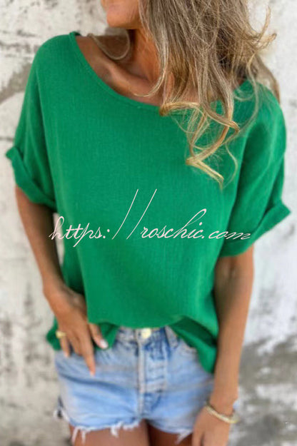 Linen Blend Crew Neck Short Sleeve Loose T-shirt