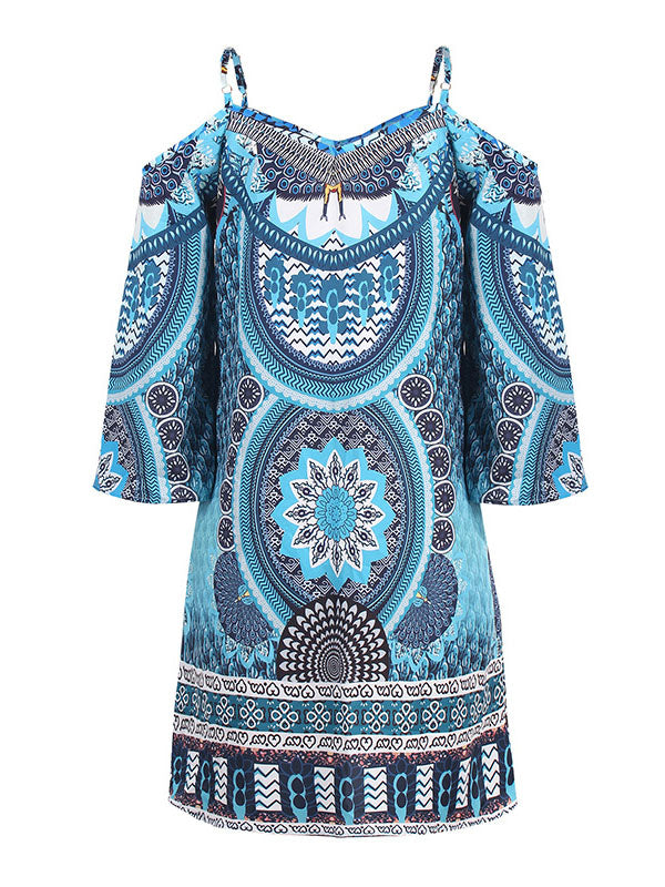 High Waisted Loose Hollow Printed Split-joint Cold Shoulder Mini Dresses